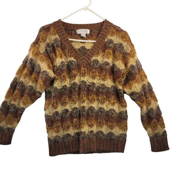 New Expressions 80's Vintage Bobbie Brooks Large Sweater Brown Yellow Wool Blend - Picture 1 of 6